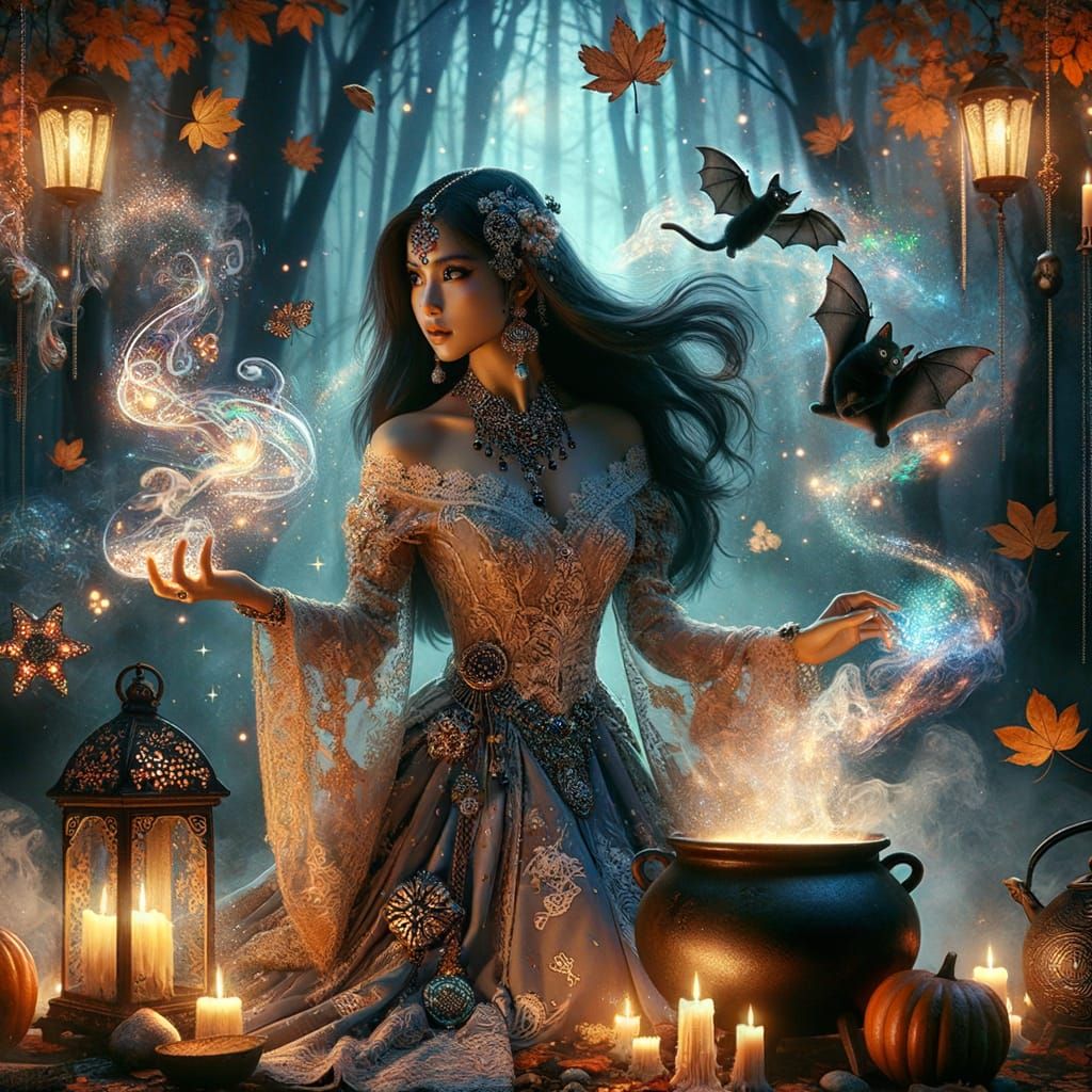 18th Century Enchantress in Candlelit Forest Clearing