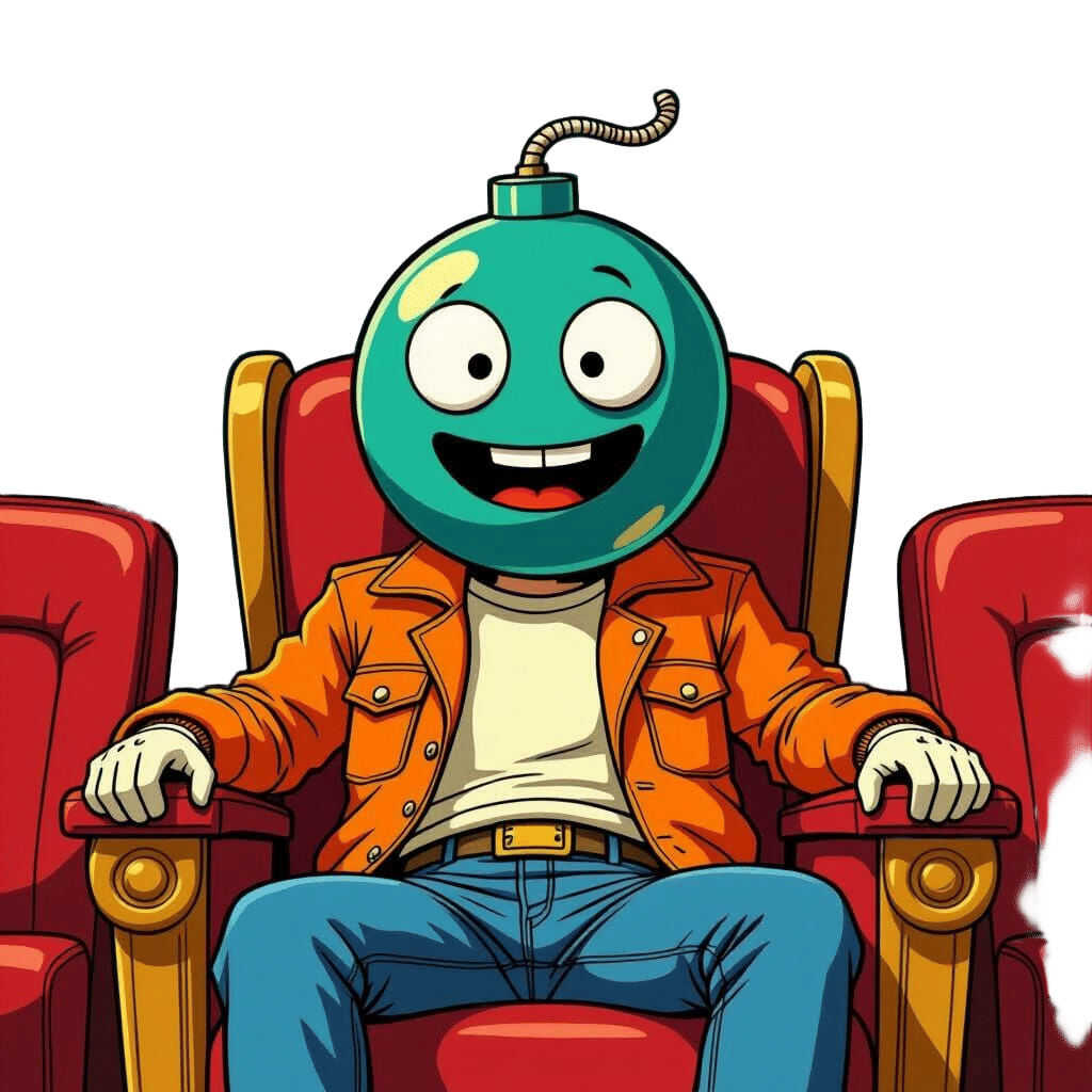 Bomb-Headed Character in Retro Cartoon Movie Theater