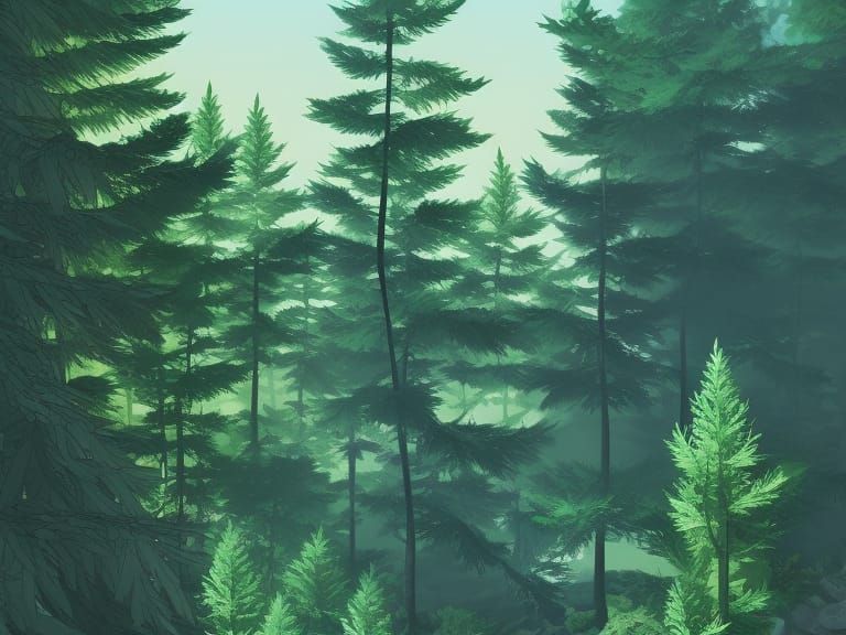 Hyperdetailed Evergreens in Cel-Shaded Mixed Media