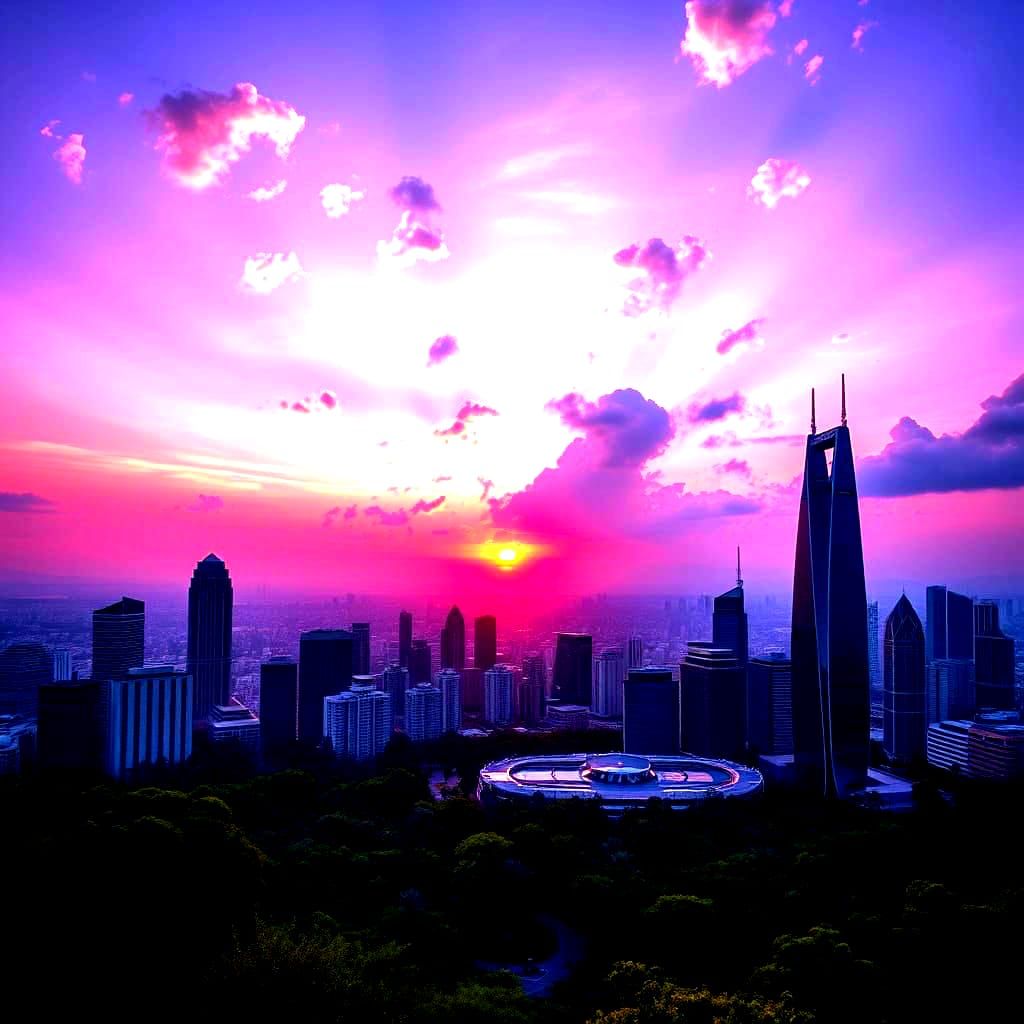 Utopian Cityscape at Sunset with Vibrant Purple Skies