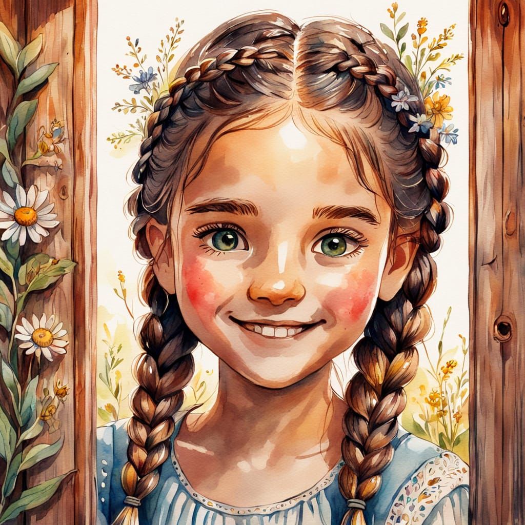 Smiling Girl with Braids and Flowers in Rustic Window