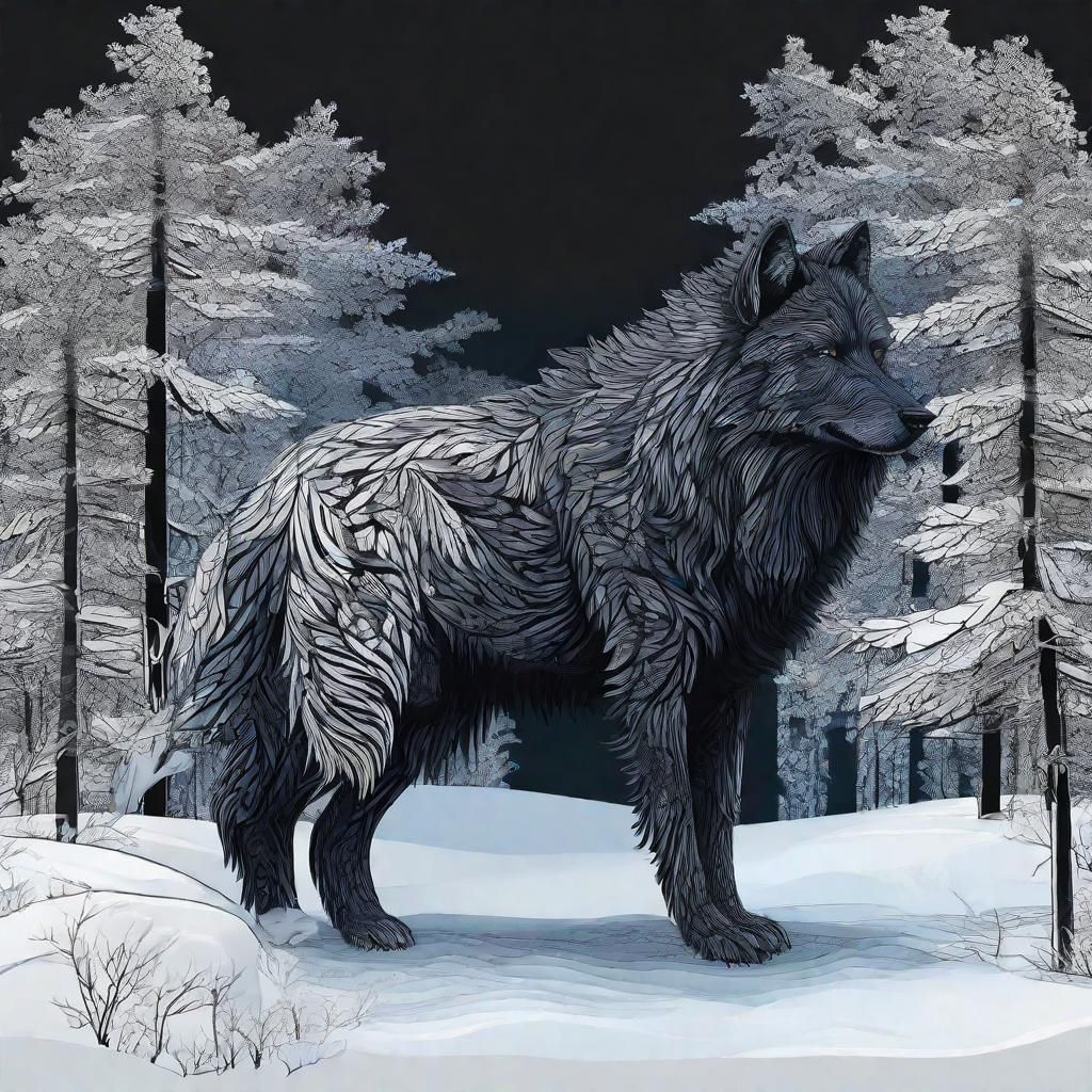 Black Wolf in Snowy Forest with Abstract Elements