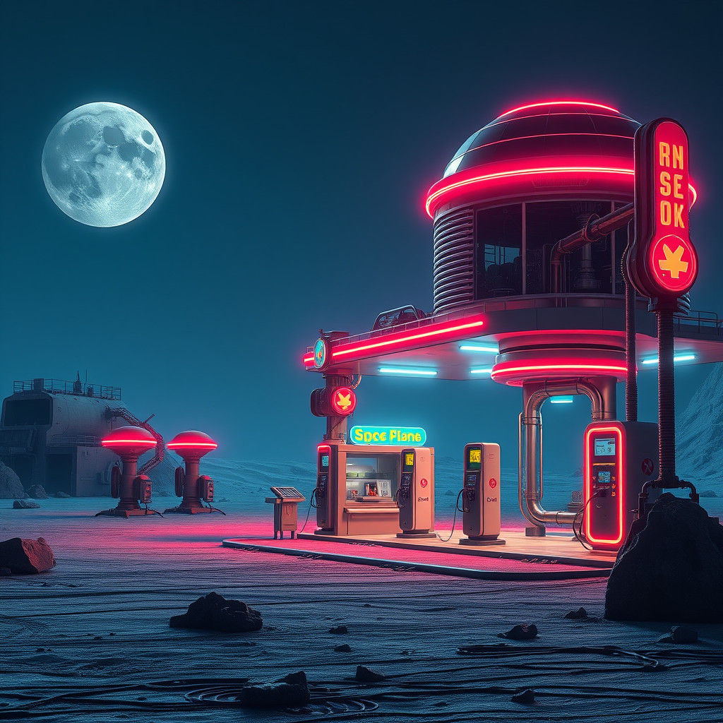 Neon Alien Gas Station on the Moon
