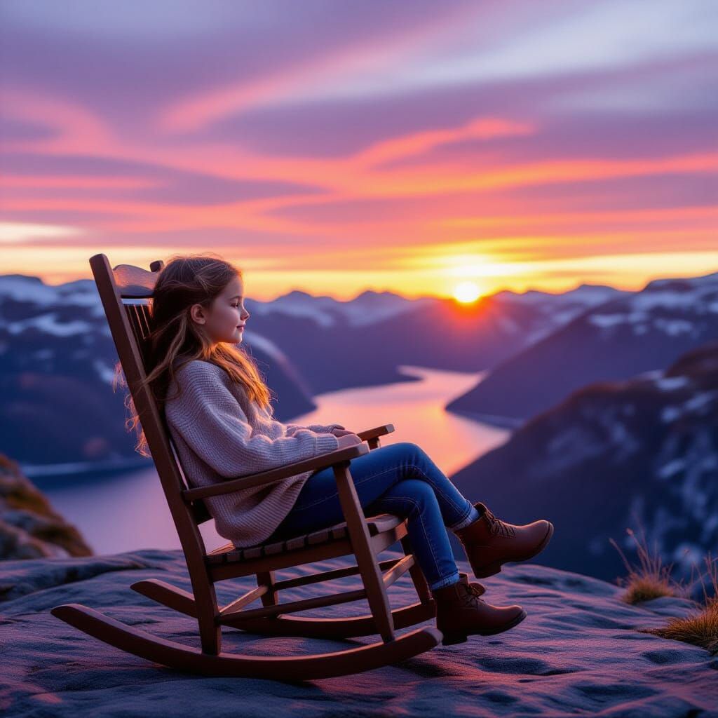Girl in Rocking Chair at Preikestolen Sunset