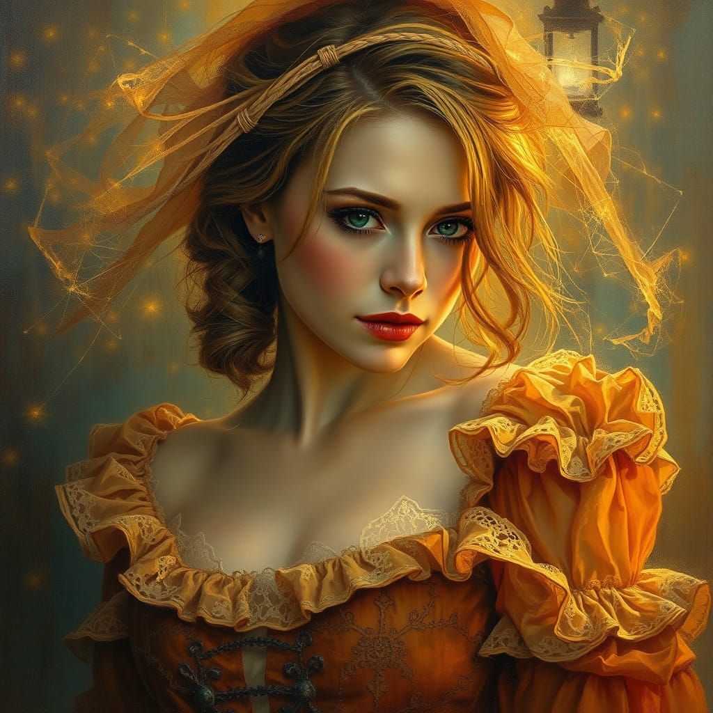 Enchanted Victorian Beauty in Golden Cobwebs