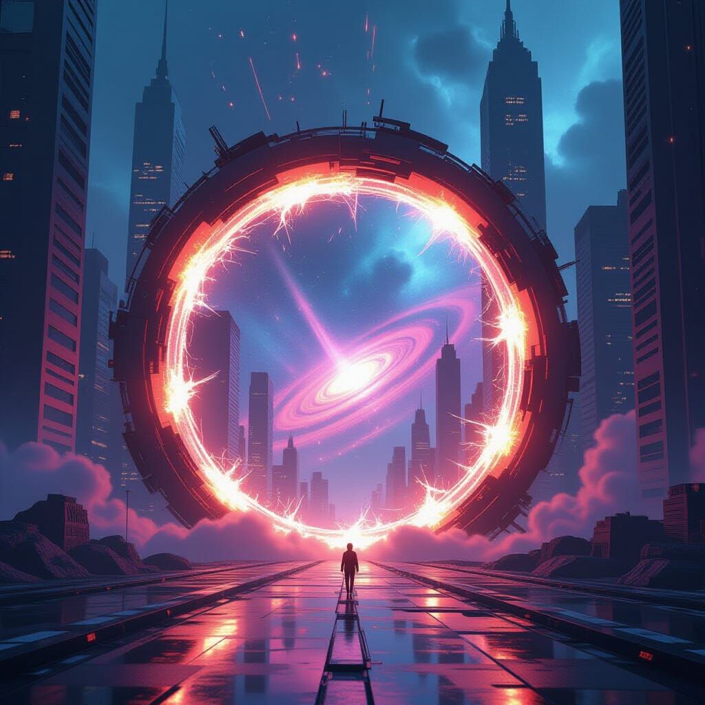 Energetic Portal Bisects Cyberpunk Cityscape