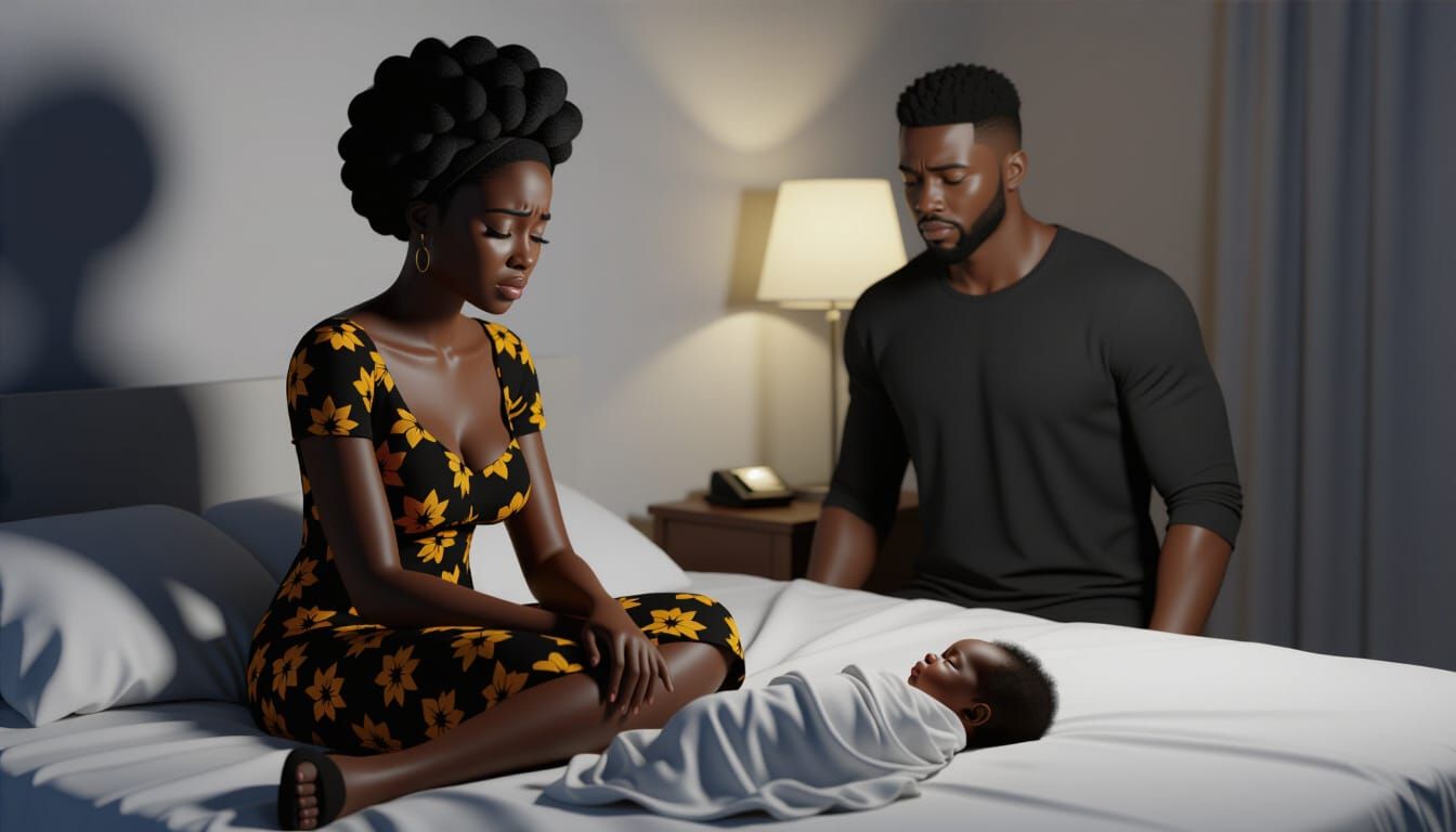 African Woman Cries Beside Sleeping Baby, Man Stands in Dram...