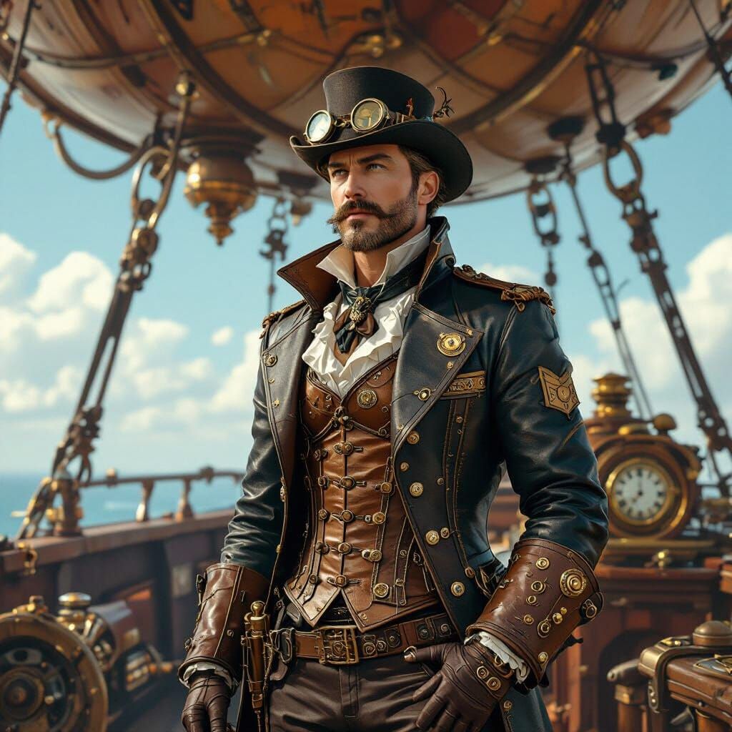 Steampunk Airship Captain on Deck in Victorian Style