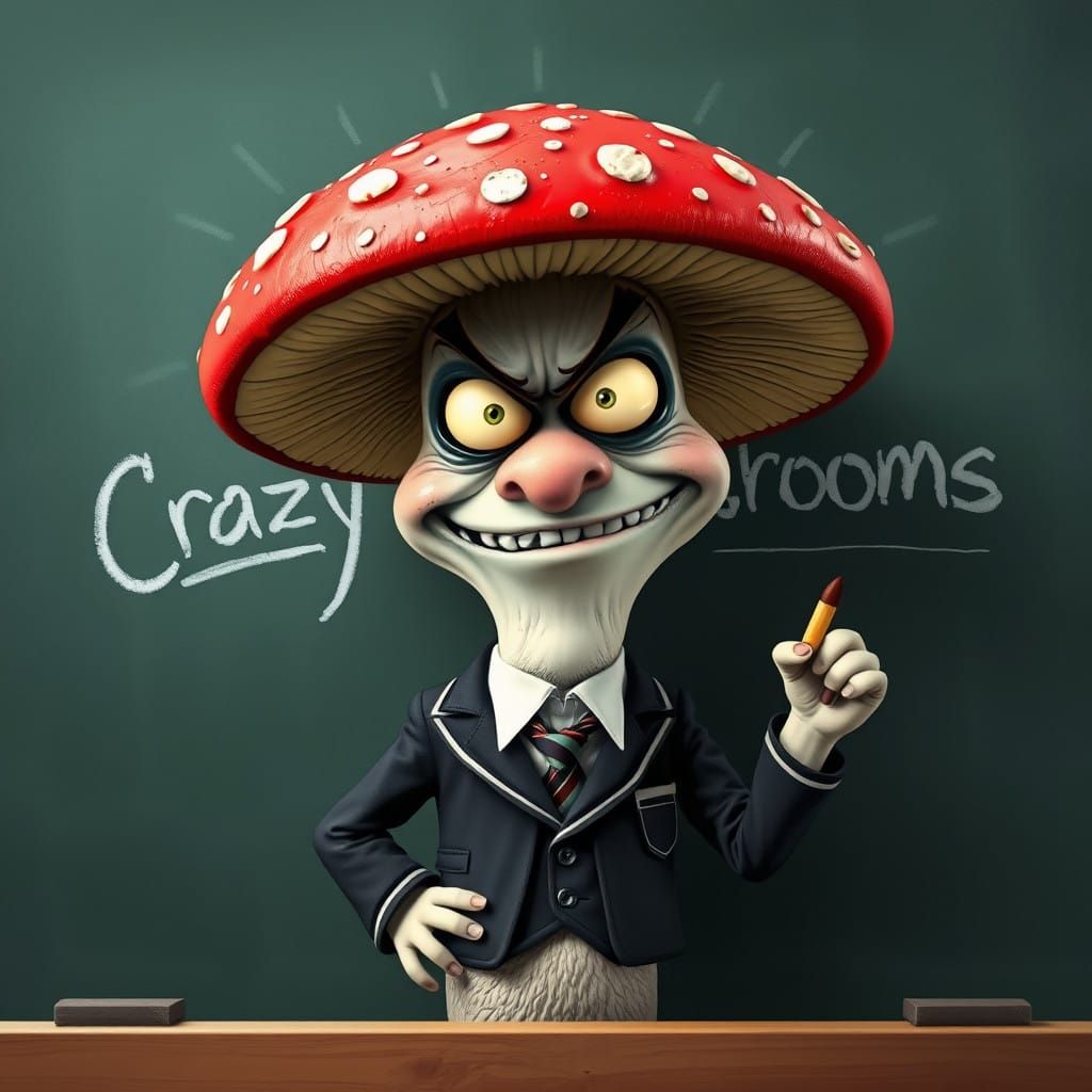 Whimsical Mushroom Student Writes on Chalkboard