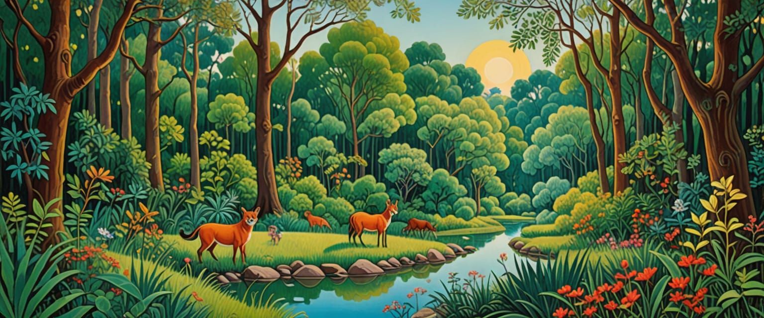 Naive Folk Art Forest Glade Painting with Prehistoric Creatu...