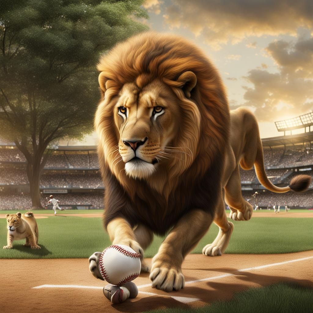 Lion Playing Baseball in Detailed Matte Painting