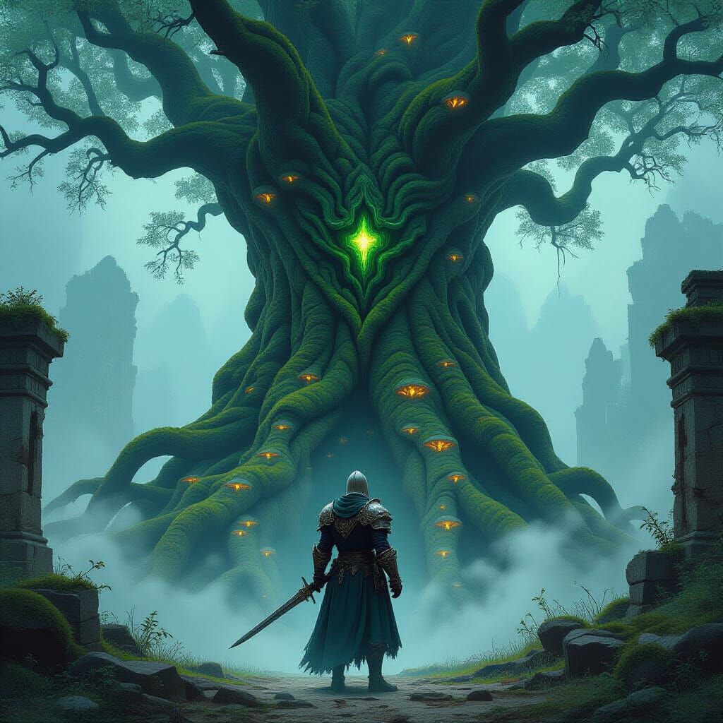 Knight Before Ancient Tree Overgrown Ruin in Dark Fantasy St...
