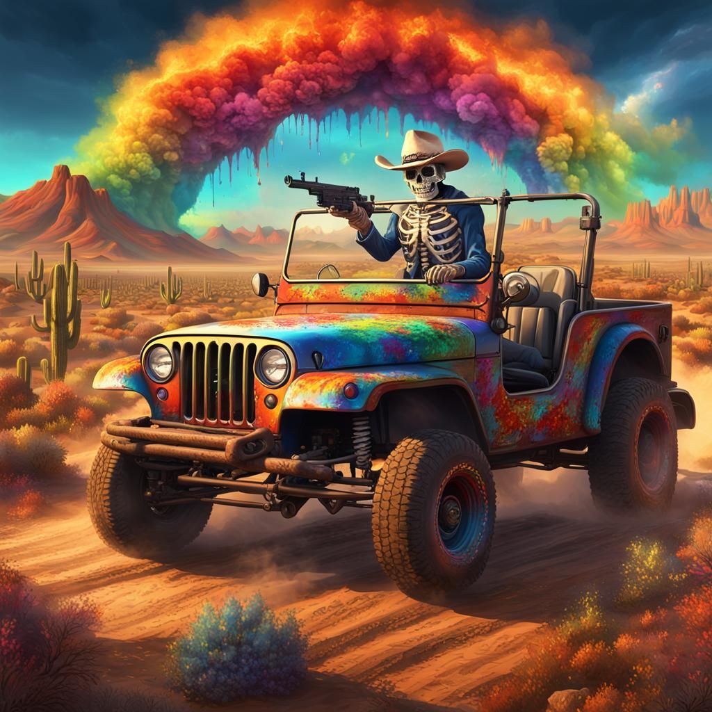 Day of the Dead Cowboy Skeleton in cowboy hat with exploding hot sauce jalapeño machine gun driving old Jeep CJ7 across ...