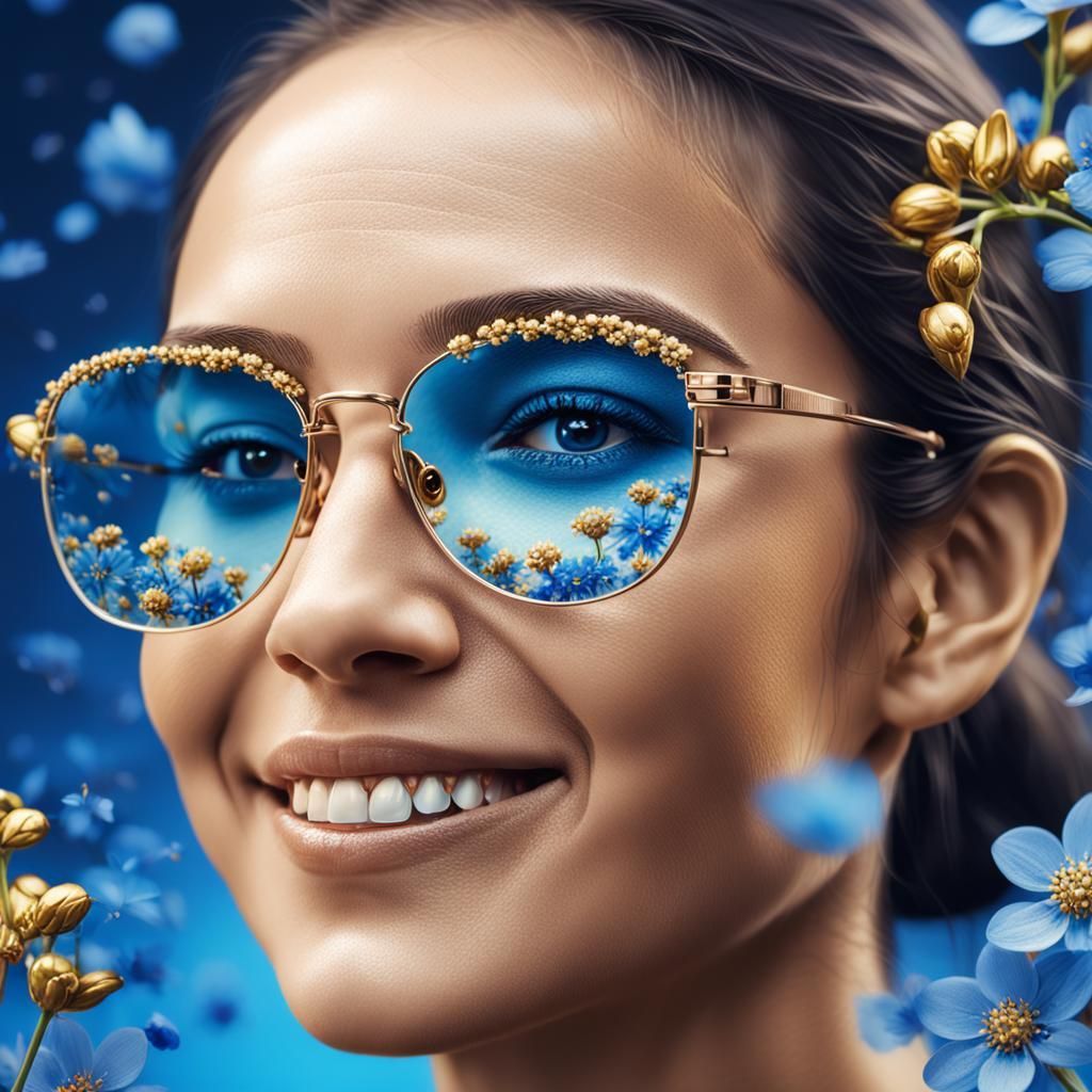 Smiling Woman with Floral Reflections: Hyperrealistic Portra...