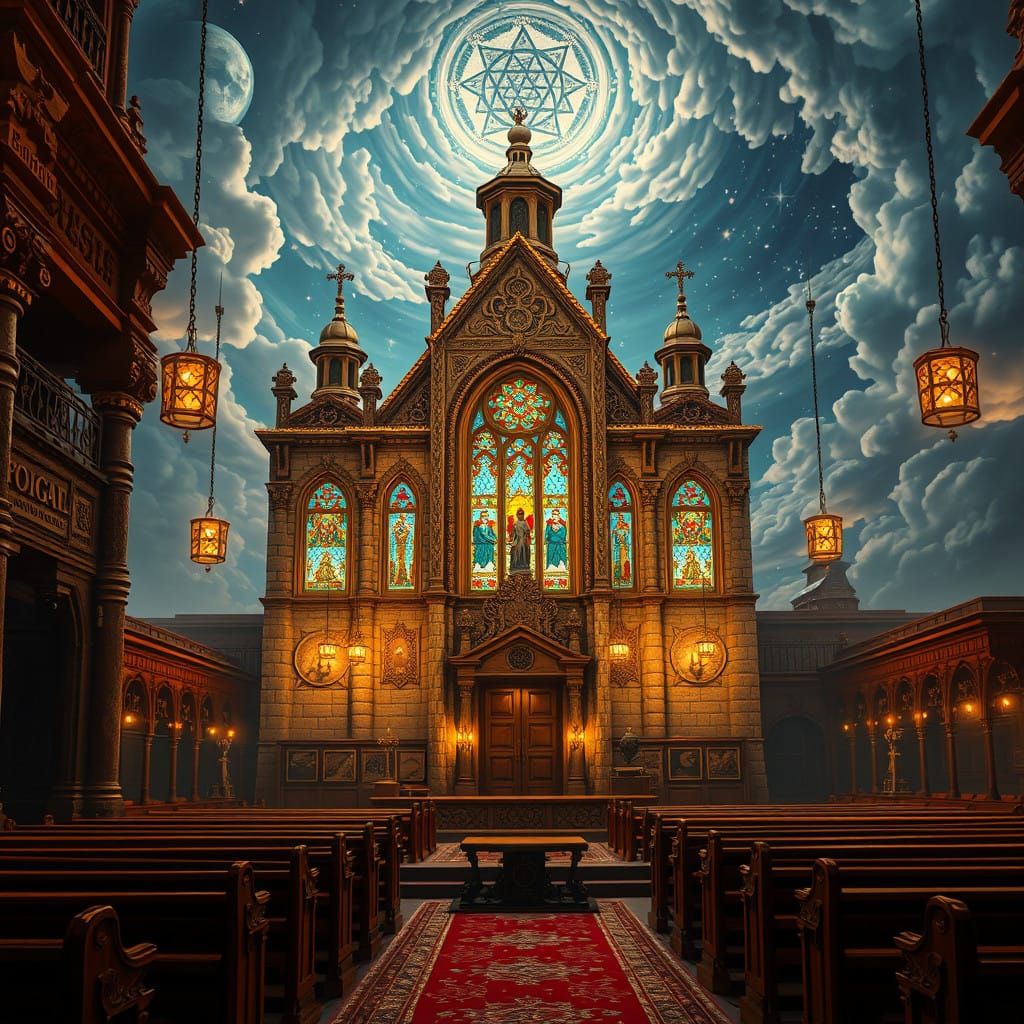 Dramatic Orthodox Synagogue Set Against Swirling Cosmic Back...