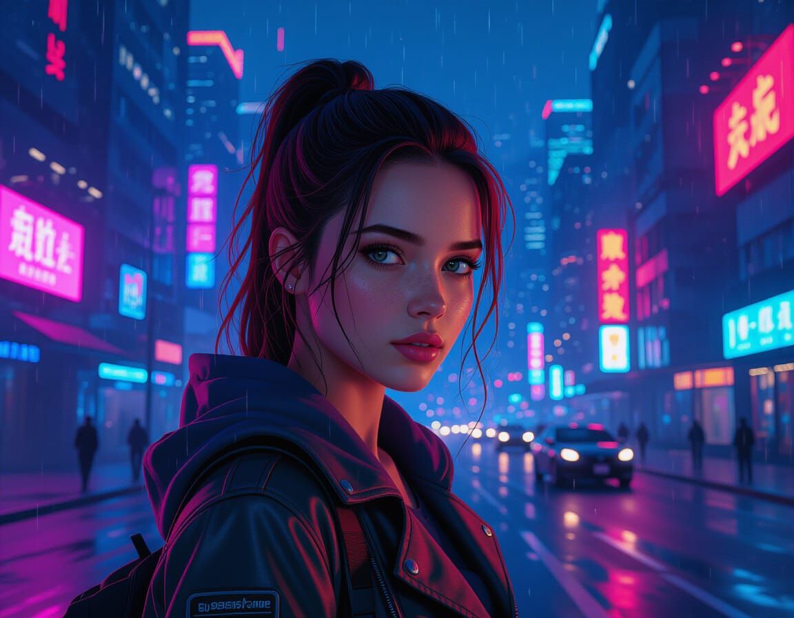 Neon Cityscape Portrait in Cyberpunk Style