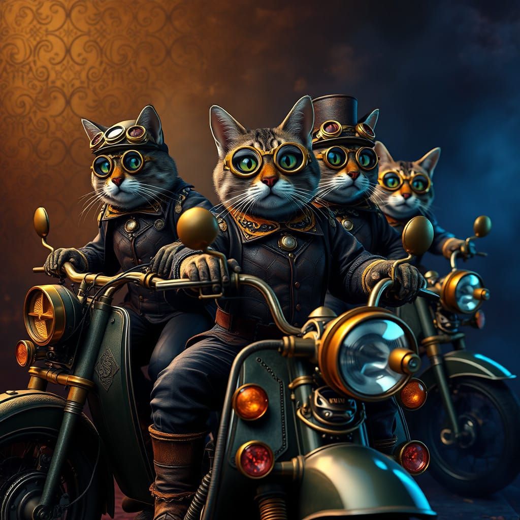 Steampunk Cats Ride Elaborate Scooters in a Detailed, Matte...