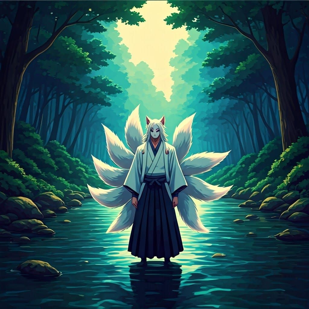 Majestic Male Kitsune by River in Cel-Shaded Anime Style