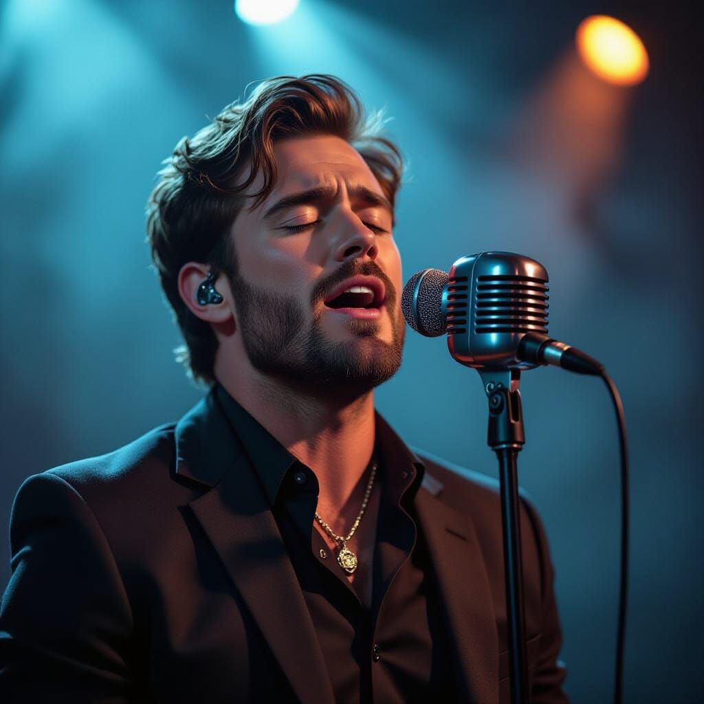 Passionate Singer in Moody, Hyperrealistic Style