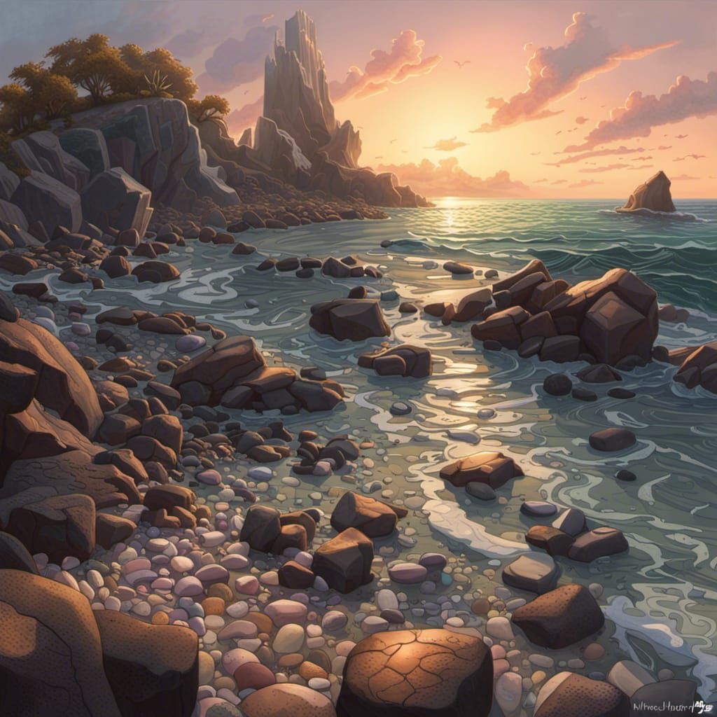 Rocky Sunset Shoreline with Sea Glass