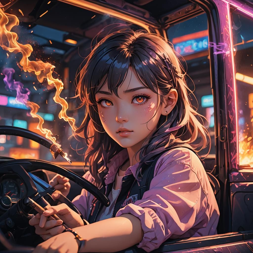 Anime Girl Driving Truck in Neon Light