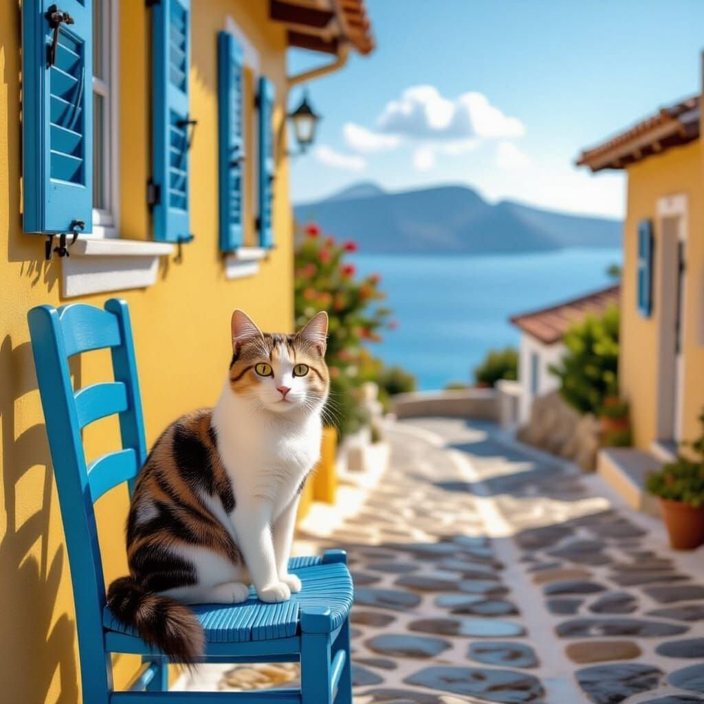 Tricolor Aegean Cat on Blue Chair in Greek Village
