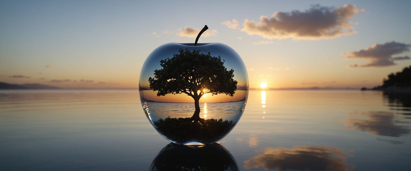 Crystal Apple with Sunset Island Scene Inside