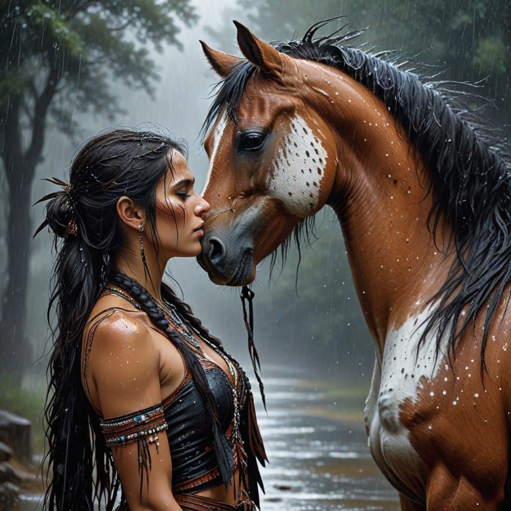 Apache Woman with Appaloosa Horse in Rain