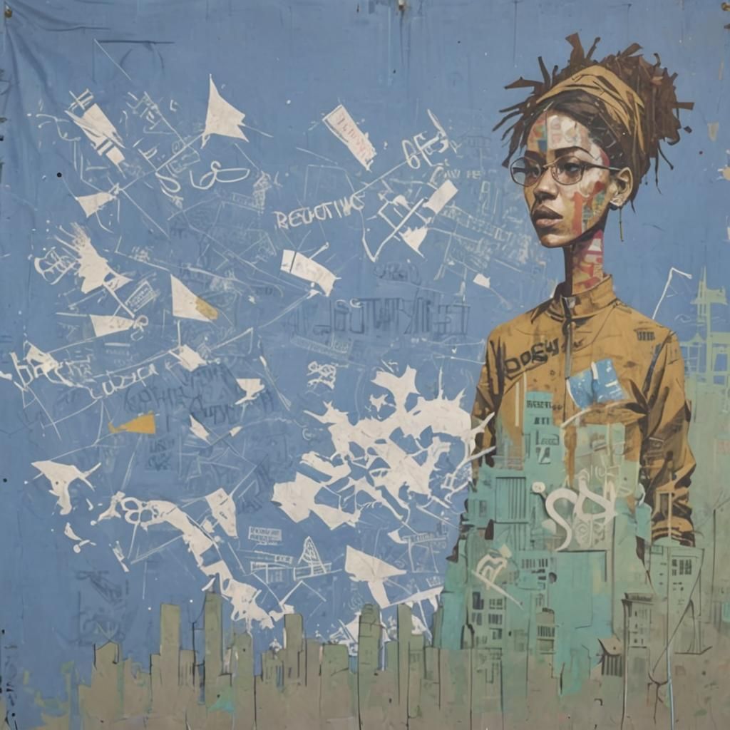 Woman in Chaotic Cityscape Graffiti Art