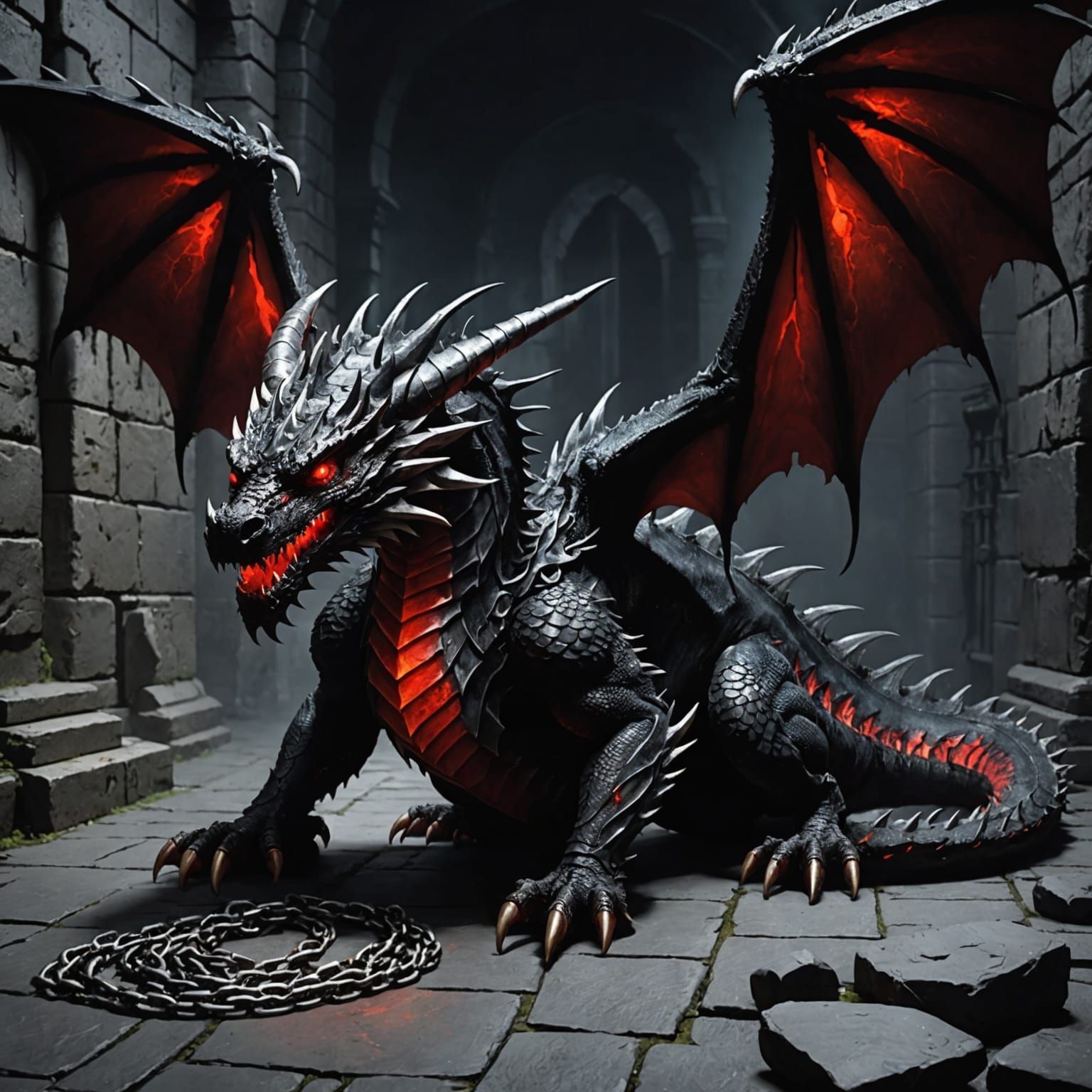 Imprisoned Black Dragon with Red Eyes