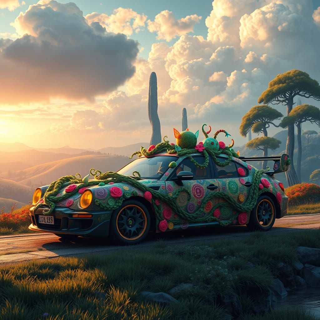 Whimsical Car in Dreamlike Landscape