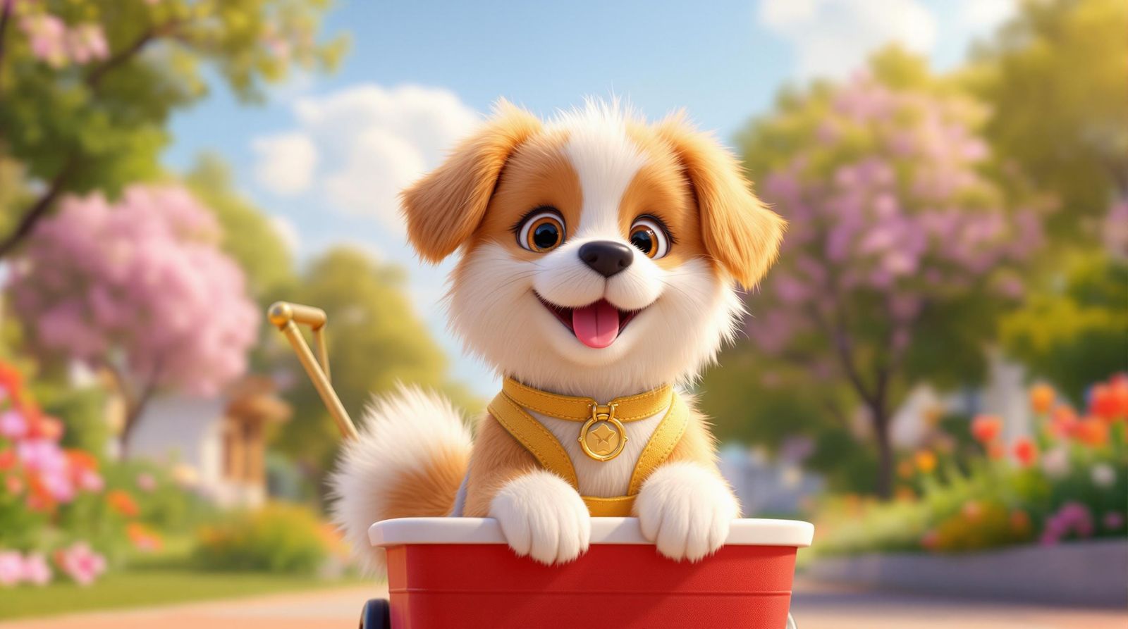 Joyful CGI Dog Riding Little Red Wagon in Sunny Neighborhood
