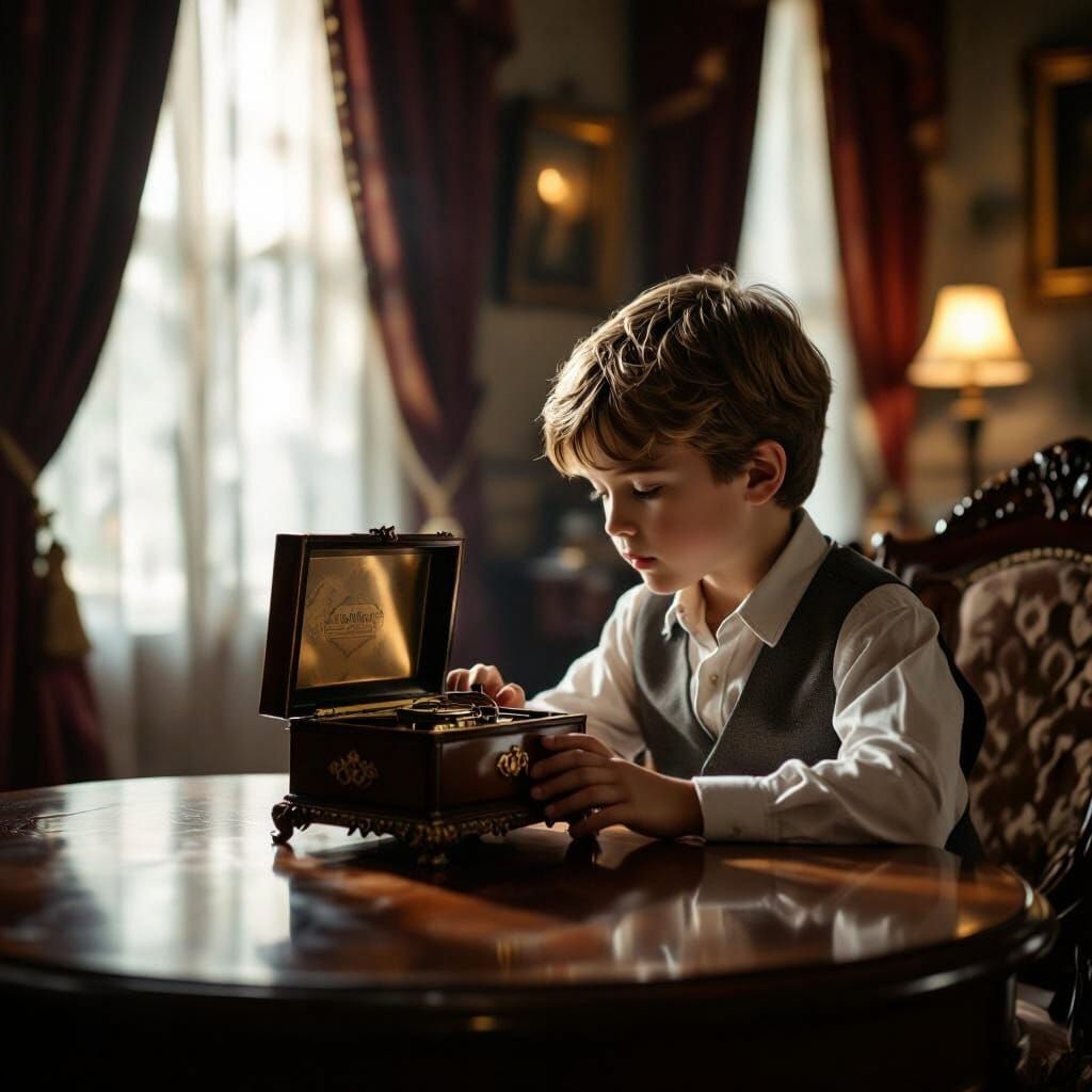 Boy Discovers Antique Music Box in Victorian Parlor