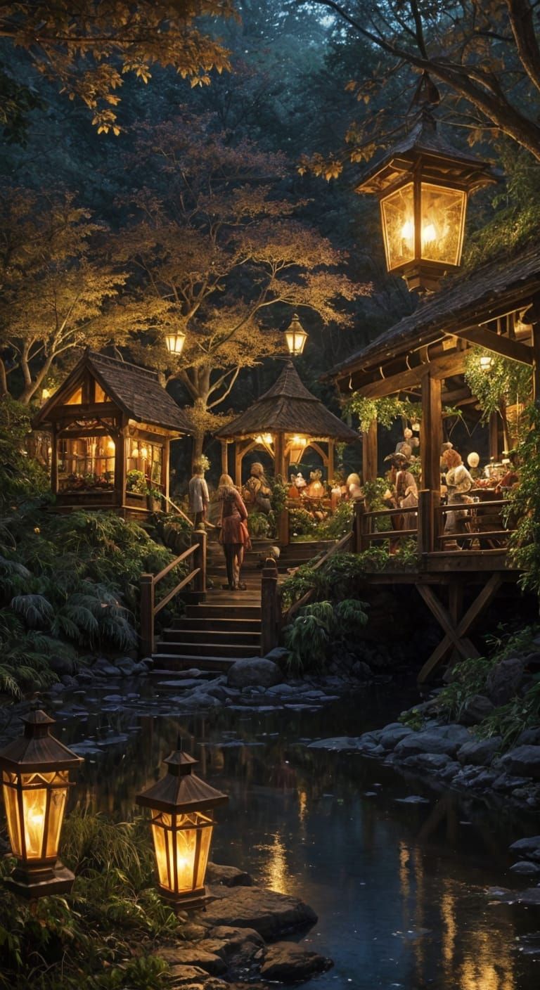 Moonlit Elven Village Market in a Fantastical Forest