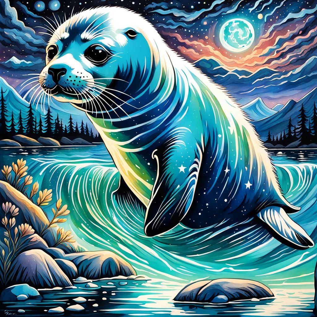 Bioluminescent Baby Seal in High Gothic Watercolor