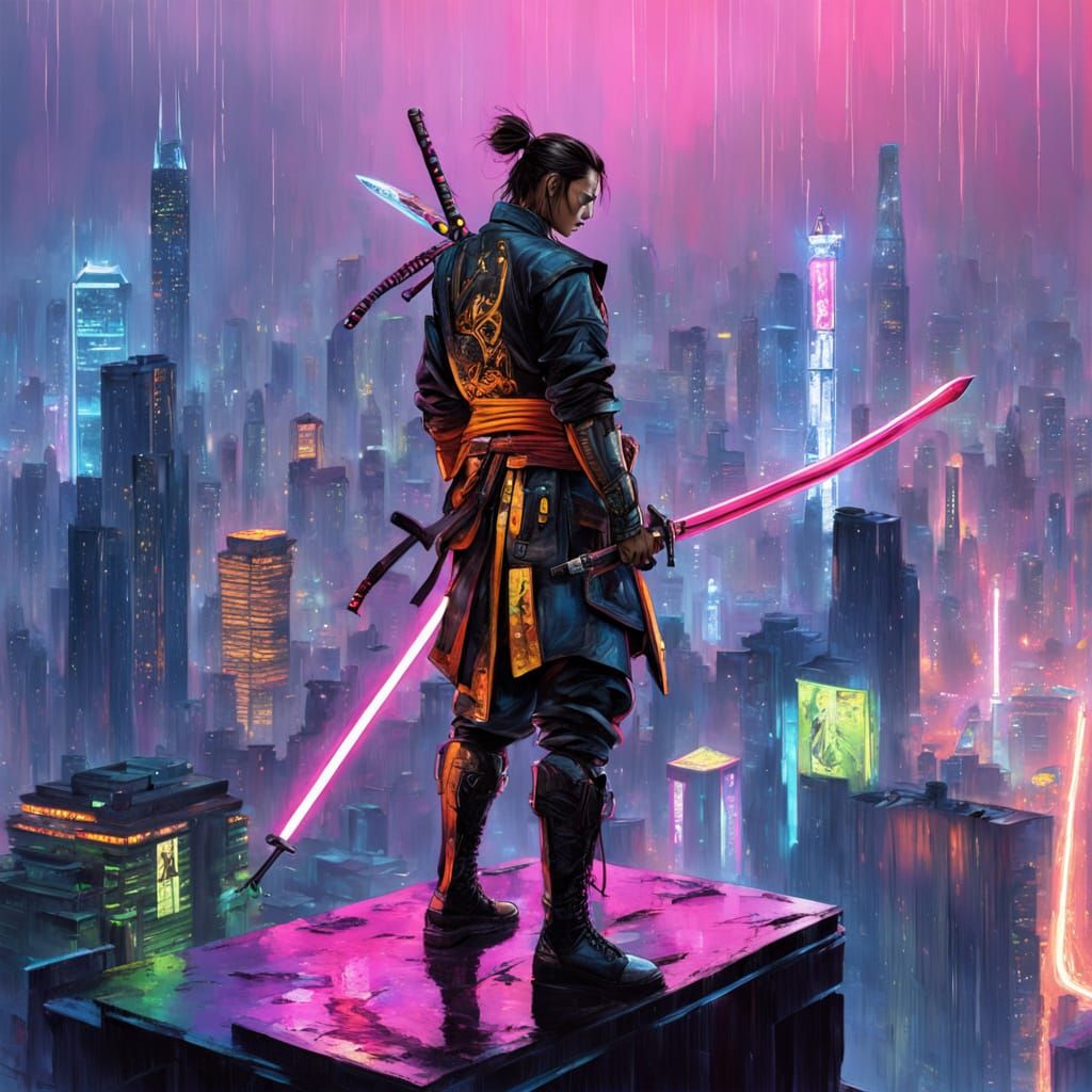Cyberpunk Samurai Surveys the Cityscape