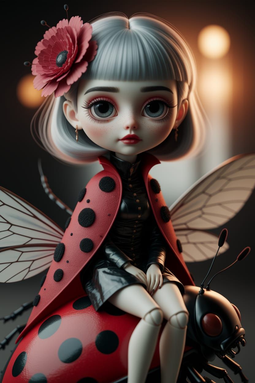 Stylized Doll Figure with Ladybug Coat in Surreal Style