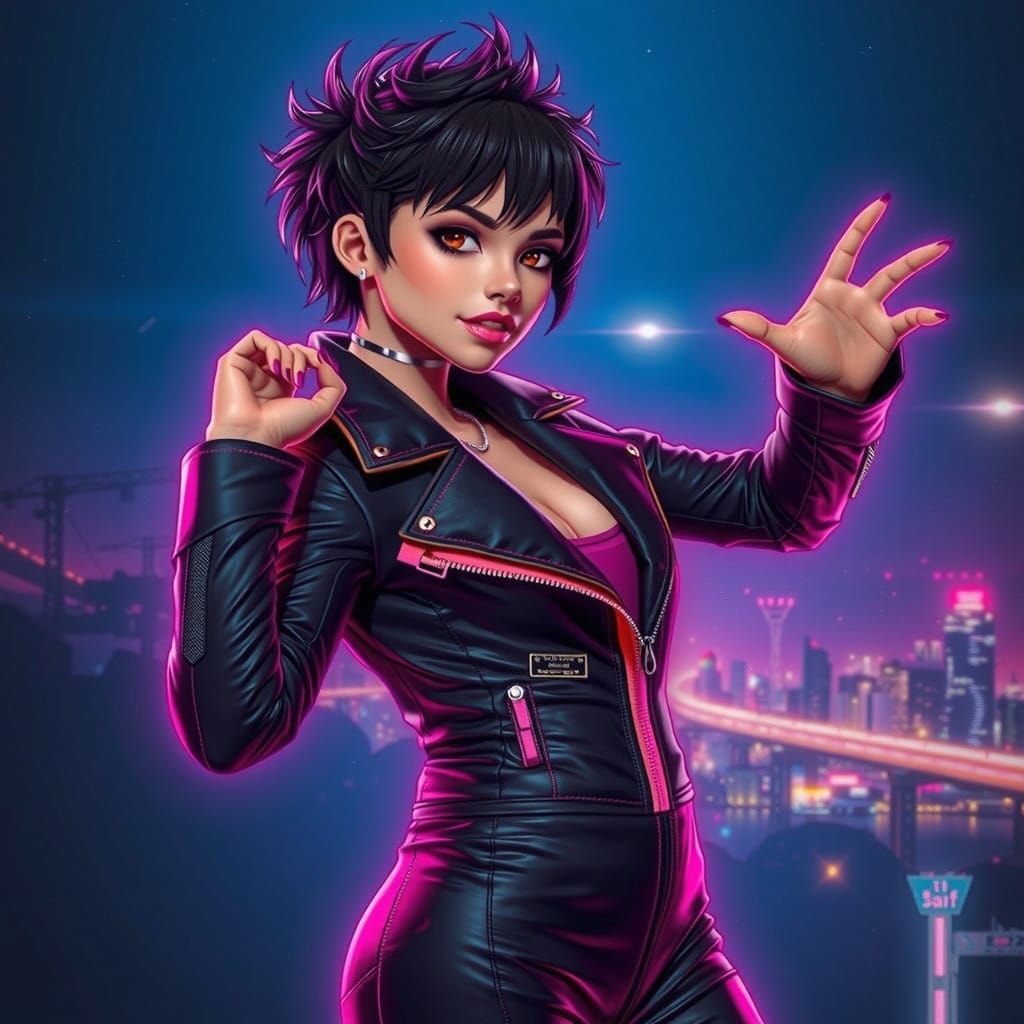 Futuristic TMobile Goddess in Neon Pink Leather Outfit