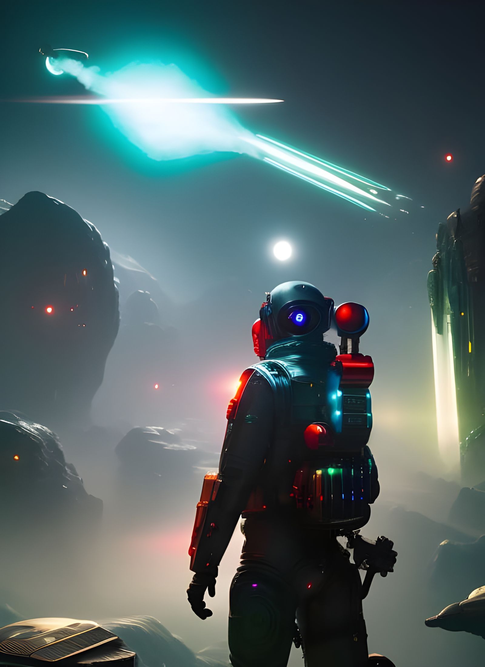 Atompunk Astronaut in Space with Cyber Neon Lighting