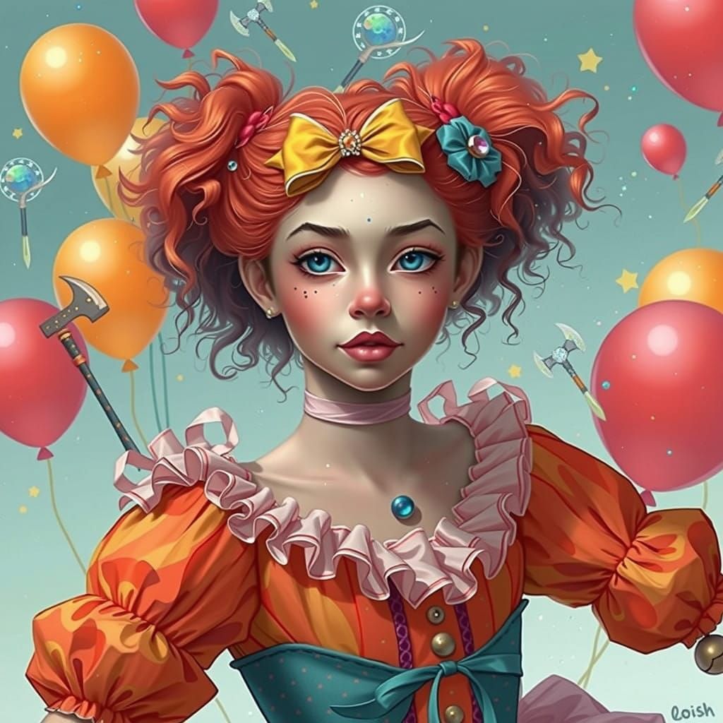 Vibrant Whimsical Clown in Layered Tutu Stands Poised with A...