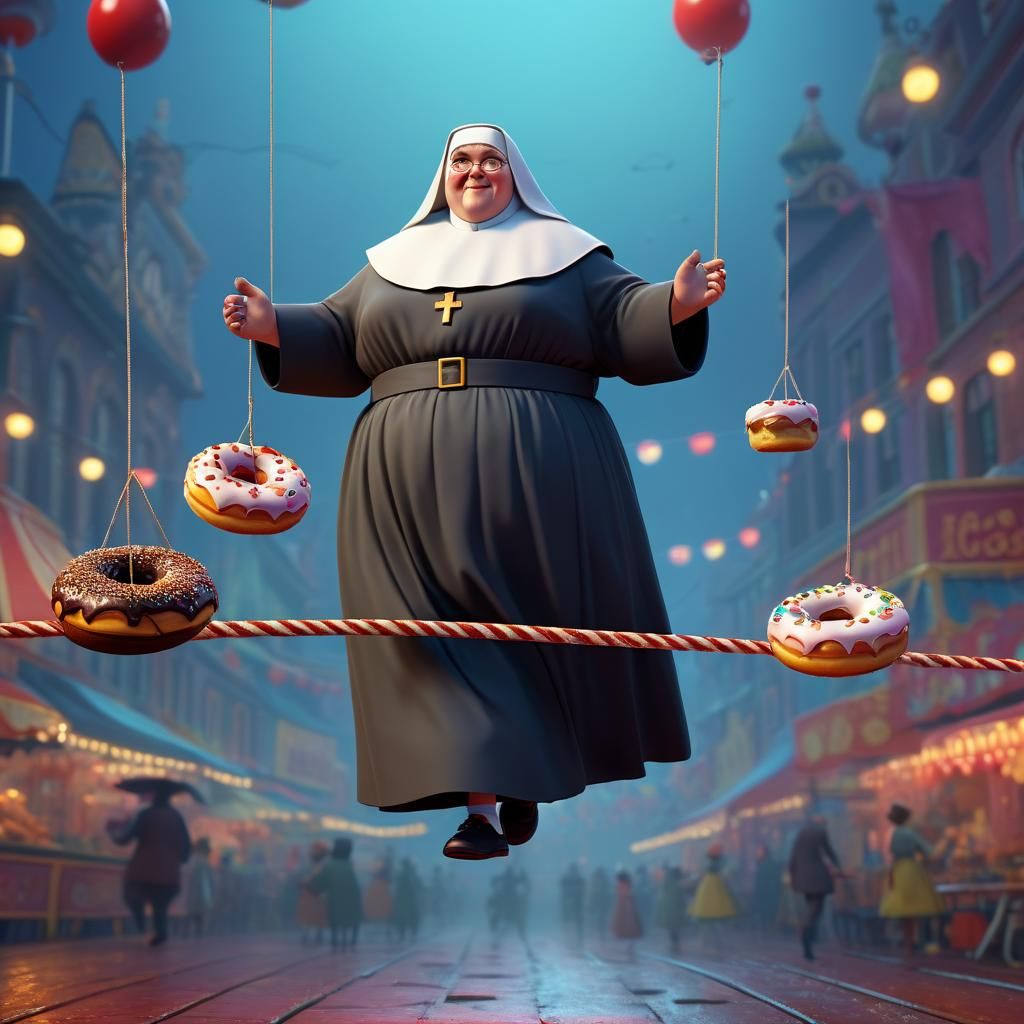 Pixar-Style Fat Nun Tightrope Act in Circus
