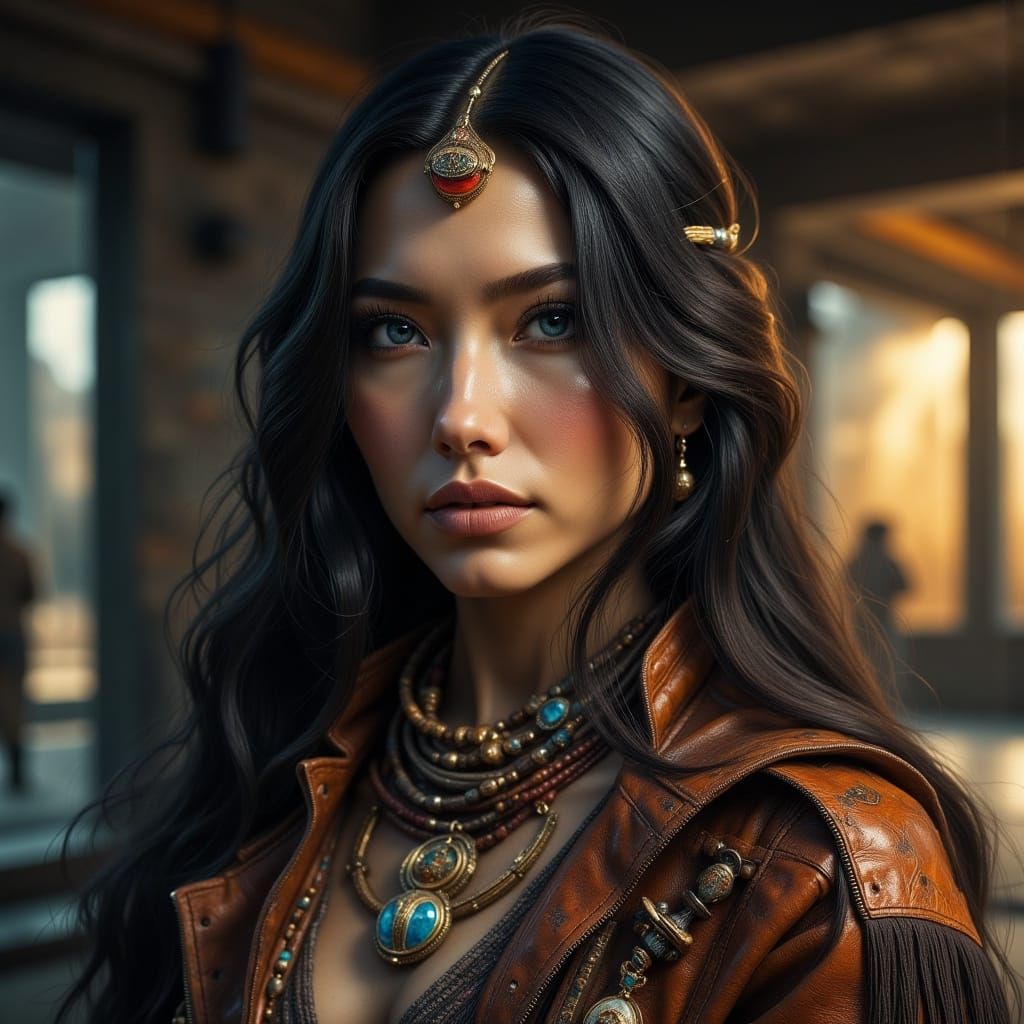 Serene Native American Woman Portrait in Modern Studio