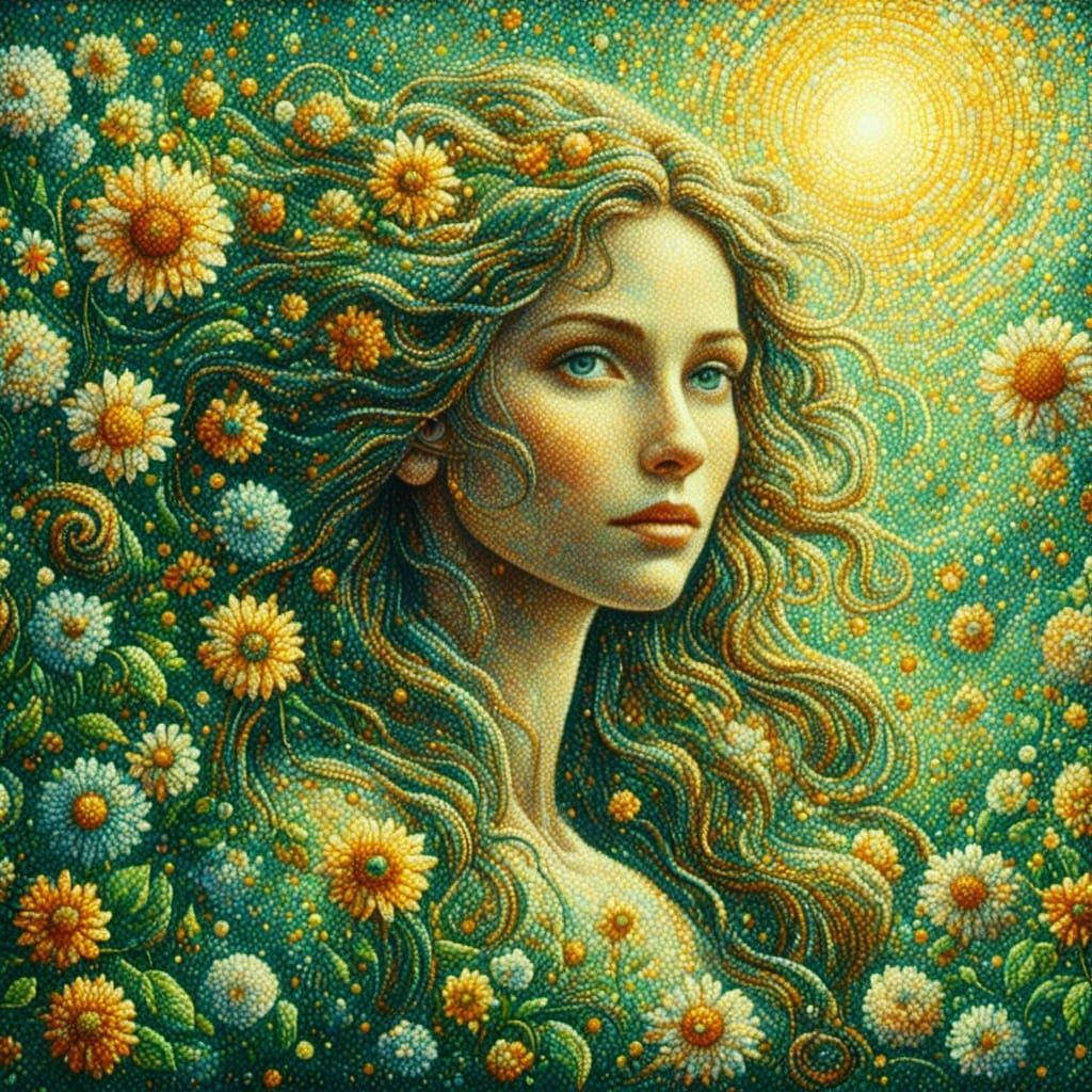 Pointillist Portrait of Woman with Green Eyes