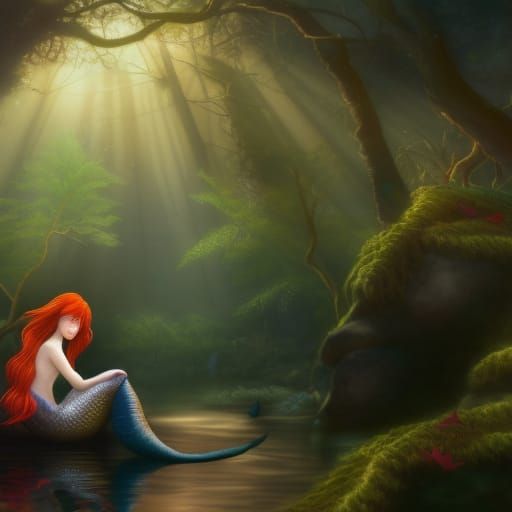 Mermaid in Forest Clearing with Red Hair