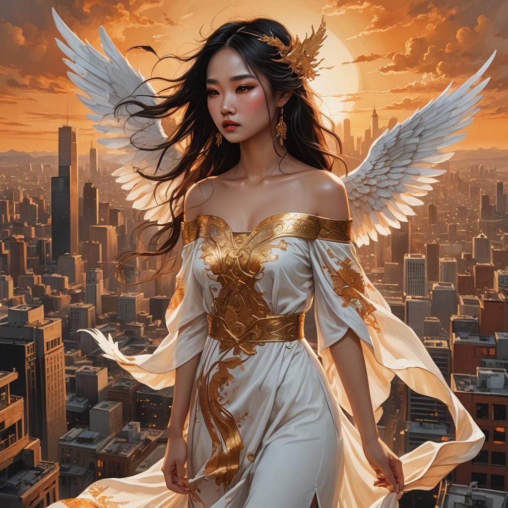 Winged Angelic Figure Over Urban Sunset, 8K