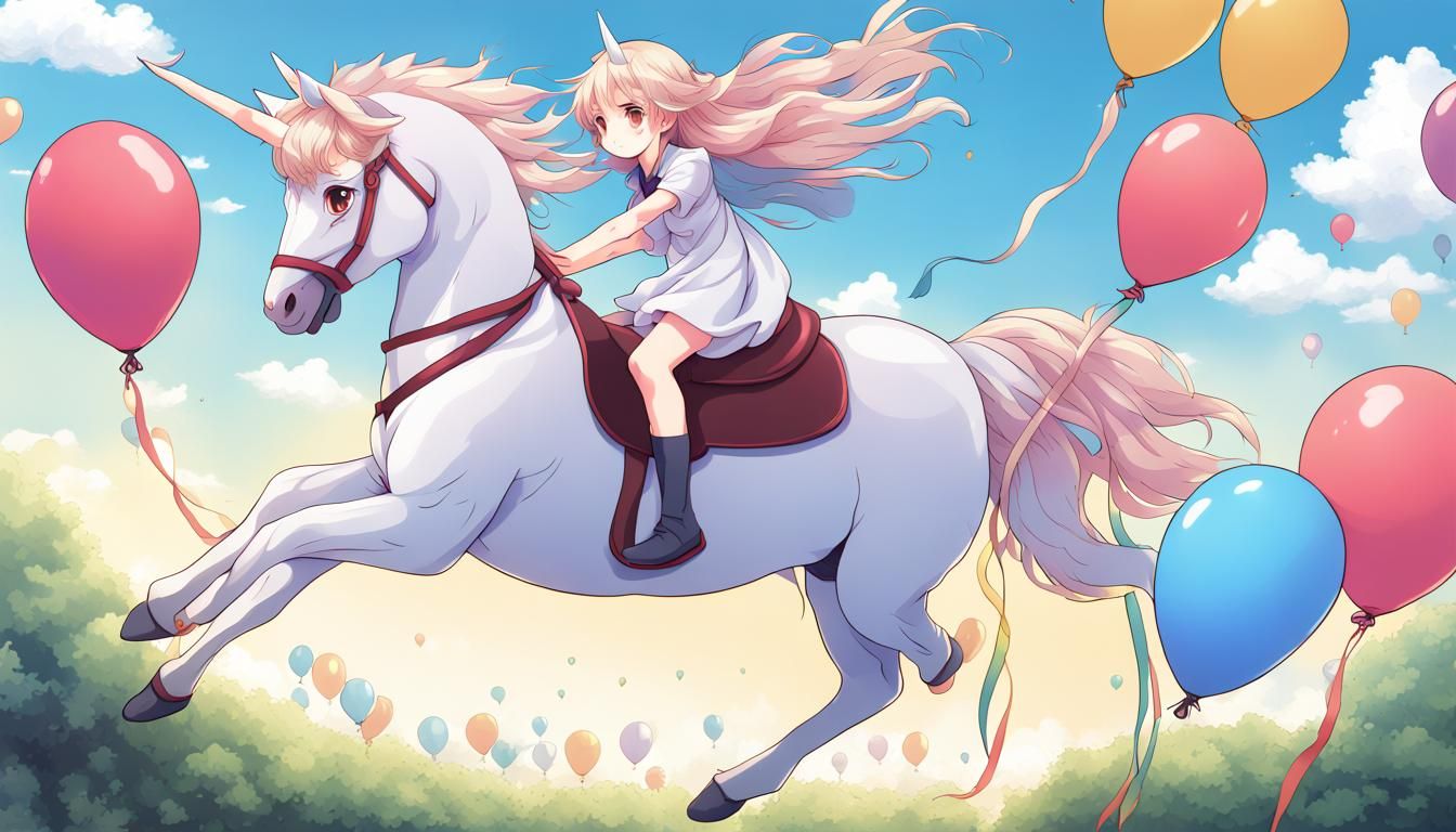 Anime Girl on Unicorn Among Balloons