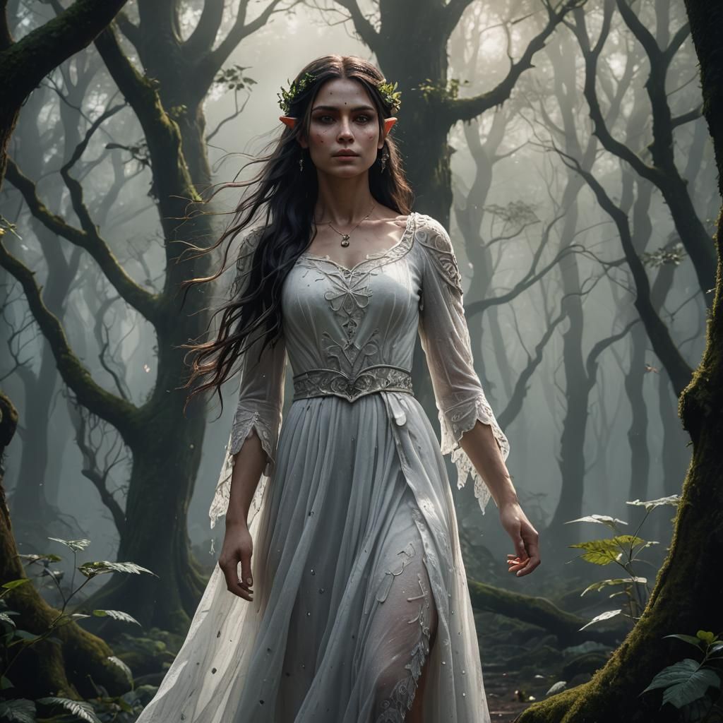 Beautiful Elf in Misty Forest, Detailed Matte Painting