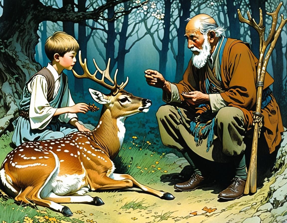 Grandfather Teaches Deer Care: Fantasy Illustration