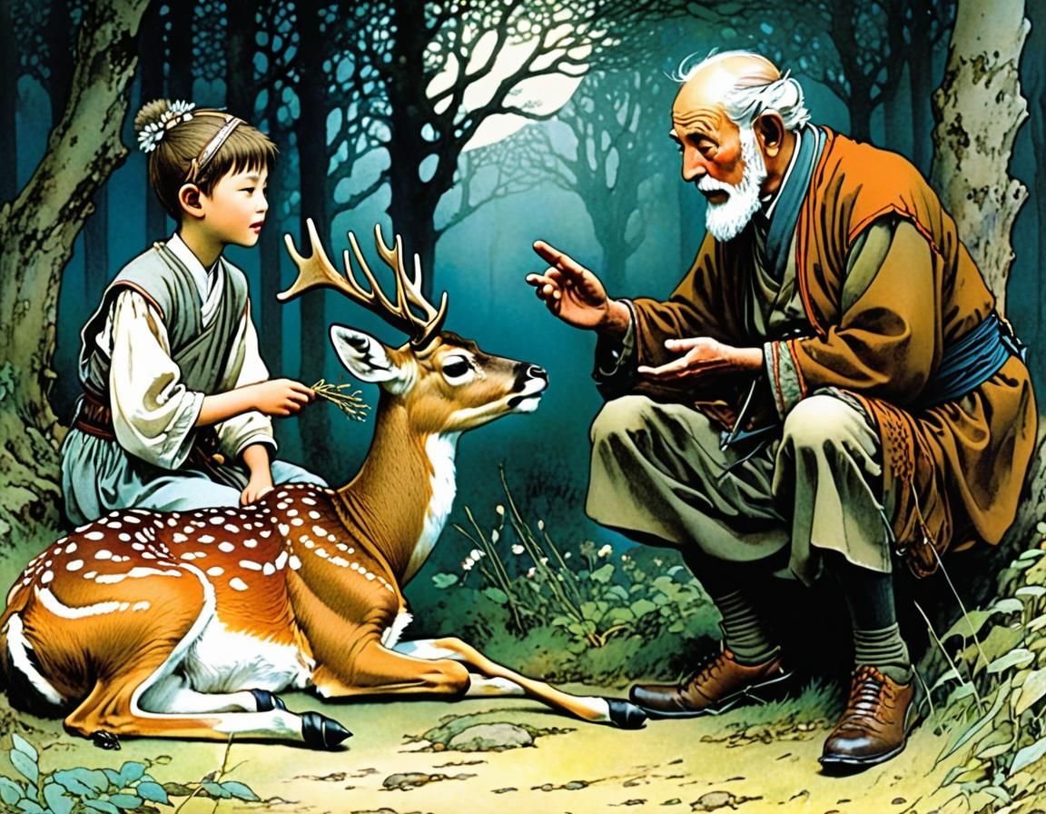 Ancient Grandfather Teaches Gentle Deer Care in Whimsical, I...