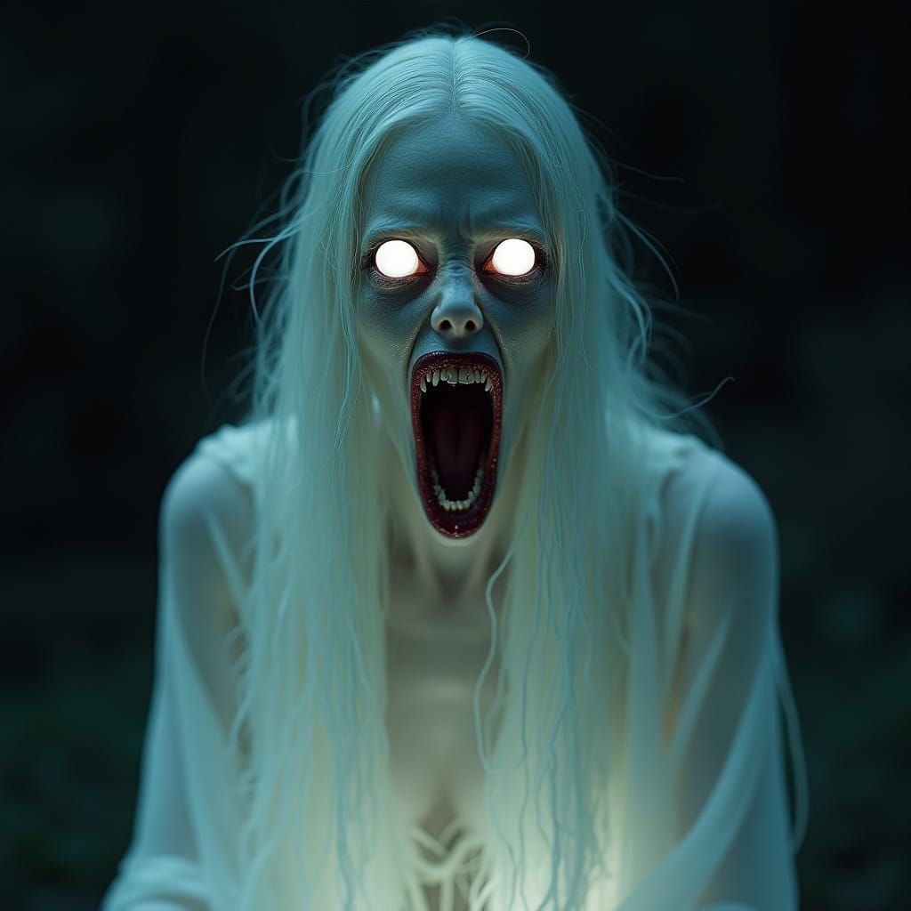 Translucent Female Specter in Haunting Moonlit Glow